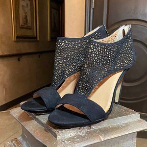 BCBG Black Suede Lattice Cage Open Toe Kadia Heels